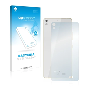 Parte frontal de un envase de producto con el logotipo de la marca upscreen. Al lado se muestra el dispositivo BLU Vivo Air (T