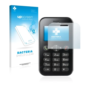 Parte frontal de un envase de producto con el logotipo de la marca upscreen. Al lado se muestra el dispositivo Simvalley Mobil