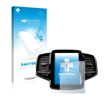 Parte frontal de un envase de producto con el logotipo de la marca upscreen. Al lado se muestra el dispositivo Volvo XC90 Senu