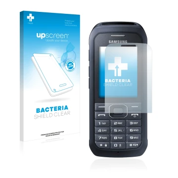 Parte frontal de un envase de producto con el logotipo de la marca upscreen. Al lado se muestra el dispositivo Samsung Xcover 