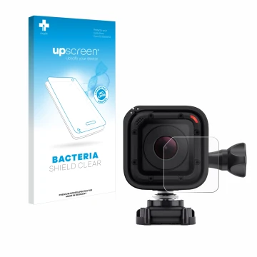 Parte frontal de un envase de producto con el logotipo de la marca upscreen. Al lado se muestra el dispositivo GoPro Hero 4 Se