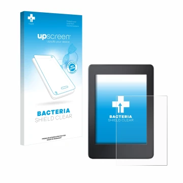 Parte frontal de un envase de producto con el logotipo de la marca upscreen. Al lado se muestra el dispositivo Amazon Kindle P