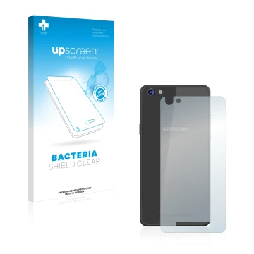 Parte frontal de un envase de producto con el logotipo de la marca upscreen. Al lado se muestra el dispositivo Siswoo C50 Long