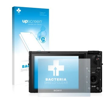 Parte frontal de un envase de producto con el logotipo de la marca upscreen. Al lado se muestra el dispositivo Sony Cyber-Shot