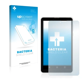 Parte frontal de un envase de producto con el logotipo de la marca upscreen. Al lado se muestra el dispositivo Chuwi Vi7 con s