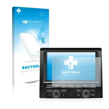 Parte frontal de un envase de producto con el logotipo de la marca upscreen. Al lado se muestra el dispositivo Porsche PCM Mac