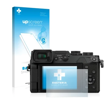 Parte frontal de un envase de producto con el logotipo de la marca upscreen. Al lado se muestra el dispositivo Panasonic Lumix