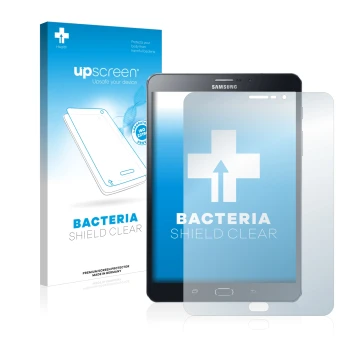 Parte frontal de un envase de producto con el logotipo de la marca upscreen. Al lado se muestra el dispositivo Samsung Galaxy 