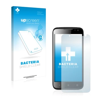 Parte frontal de un envase de producto con el logotipo de la marca upscreen. Al lado se muestra el dispositivo Yezz Andy 4.5EL