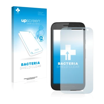 Parte frontal de un envase de producto con el logotipo de la marca upscreen. Al lado se muestra el dispositivo Motorola Moto G