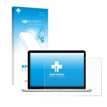 Parte frontal de un envase de producto con el logotipo de la marca upscreen. Al lado se muestra el dispositivo Apple MacBook R
