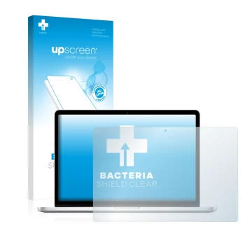 Parte frontal de un envase de producto con el logotipo de la marca upscreen. Al lado se muestra el dispositivo Apple MacBook P