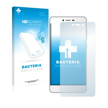 Parte frontal de un envase de producto con el logotipo de la marca upscreen. Al lado se muestra el dispositivo Gionee F103 con