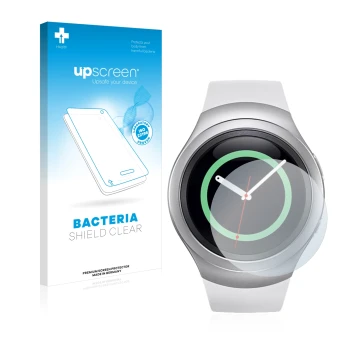 Parte frontal de un envase de producto con el logotipo de la marca upscreen. Al lado se muestra el dispositivo Samsung Gear S2
