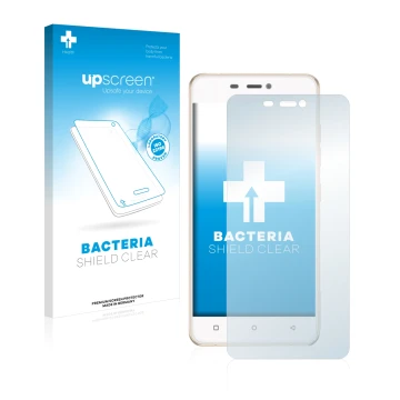 Parte frontal de un envase de producto con el logotipo de la marca upscreen. Al lado se muestra el dispositivo Gionee Elife S5