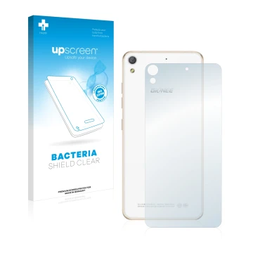 Parte frontal de un envase de producto con el logotipo de la marca upscreen. Al lado se muestra el dispositivo Gionee Elife S5