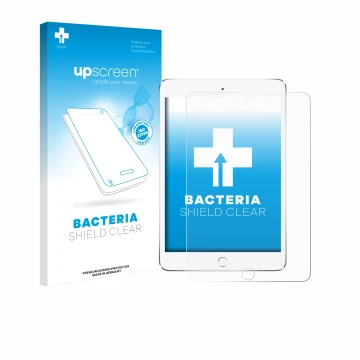Parte frontal de un envase de producto con el logotipo de la marca upscreen. Al lado se muestra el dispositivo Apple iPad Mini