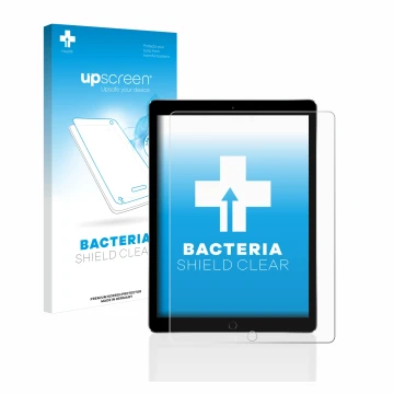 Parte frontal de un envase de producto con el logotipo de la marca upscreen. Al lado se muestra el dispositivo Apple iPad Pro 