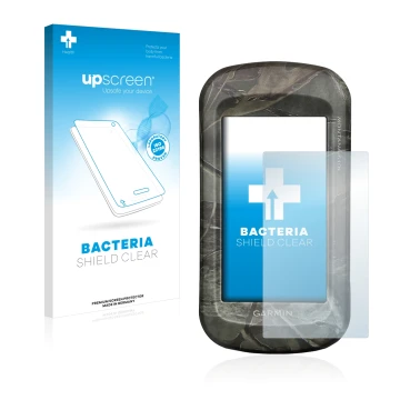 Parte frontal de un envase de producto con el logotipo de la marca upscreen. Al lado se muestra el dispositivo Garmin Montana 