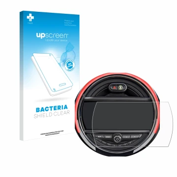 Parte frontal de un envase de producto con el logotipo de la marca upscreen. Al lado se muestra el dispositivo Mini Cooper R56