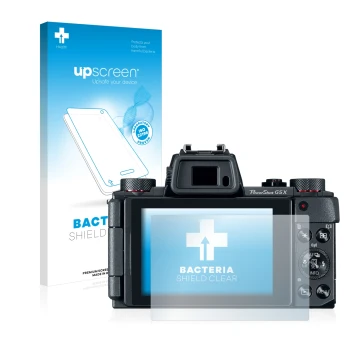 Parte frontal de un envase de producto con el logotipo de la marca upscreen. Al lado se muestra el dispositivo Canon PowerShot