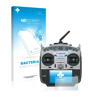 Parte frontal de un envase de producto con el logotipo de la marca upscreen. Al lado se muestra el dispositivo Robbe Futaba T1