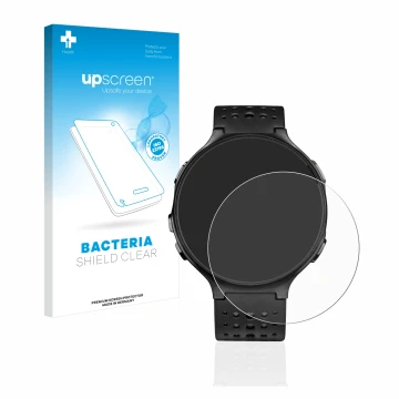 Parte frontal de un envase de producto con el logotipo de la marca upscreen. Al lado se muestra el dispositivo Garmin Forerunn
