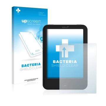 Parte frontal de un envase de producto con el logotipo de la marca upscreen. Al lado se muestra el dispositivo Tolino Shine 2 