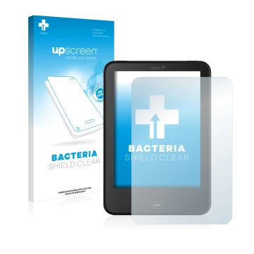 Parte frontal de un envase de producto con el logotipo de la marca upscreen. Al lado se muestra el dispositivo Tolino Vision 3