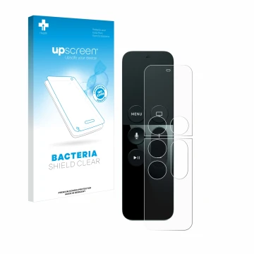 Parte frontal de un envase de producto con el logotipo de la marca upscreen. Al lado se muestra el dispositivo Apple Remote Co