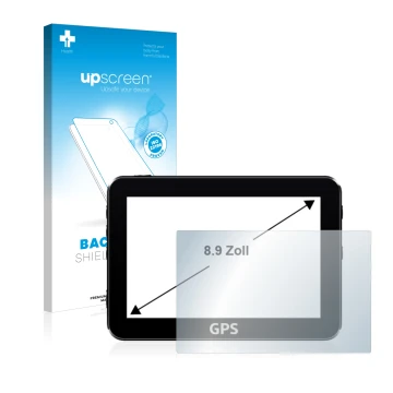 Parte frontal de un envase de producto con el logotipo de la marca upscreen. Al lado se muestra el dispositivo con su protecto