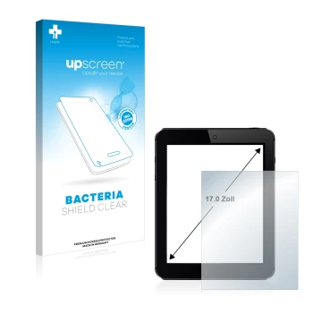 Parte frontal de un envase de producto con el logotipo de la marca upscreen. Al lado se muestra el dispositivo con su protecto