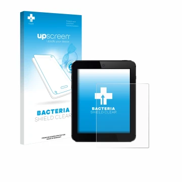 Parte frontal de un envase de producto con el logotipo de la marca upscreen. Al lado se muestra el dispositivo con su protecto