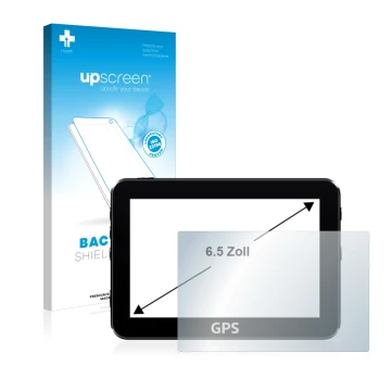 Parte frontal de un envase de producto con el logotipo de la marca upscreen. Al lado se muestra el dispositivo con su protecto