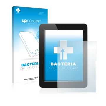 Parte frontal de un envase de producto con el logotipo de la marca upscreen. Al lado se muestra el dispositivo con su protecto