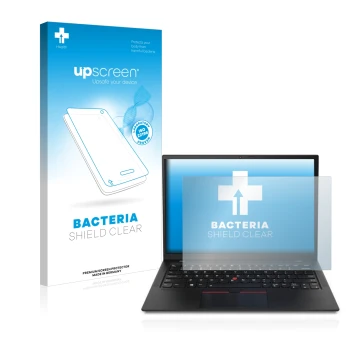 Parte frontal de un envase de producto con el logotipo de la marca upscreen. Al lado se muestra el dispositivo Lenovo ThinkPad
