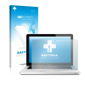 Parte frontal de un envase de producto con el logotipo de la marca upscreen. Al lado se muestra el dispositivo Apple MacBook P