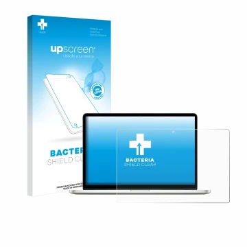 Parte frontal de un envase de producto con el logotipo de la marca upscreen. Al lado se muestra el dispositivo Apple MacBook P