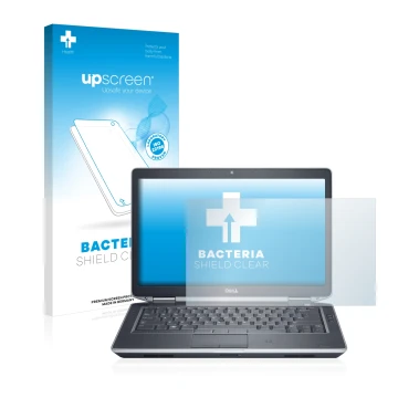 Parte frontal de un envase de producto con el logotipo de la marca upscreen. Al lado se muestra el dispositivo Dell Latitude E
