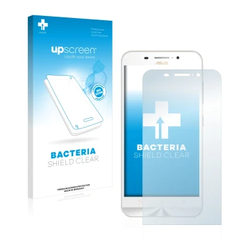 Parte frontal de un envase de producto con el logotipo de la marca upscreen. Al lado se muestra el dispositivo ASUS ZenFone Ma