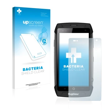 Parte frontal de un envase de producto con el logotipo de la marca upscreen. Al lado se muestra el dispositivo RugGear RG730 c