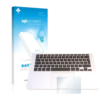 Parte frontal de un envase de producto con el logotipo de la marca upscreen. Al lado se muestra el dispositivo Apple MacBook P