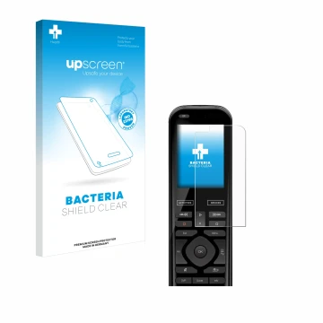 Parte frontal de un envase de producto con el logotipo de la marca upscreen. Al lado se muestra el dispositivo Logitech Harmon