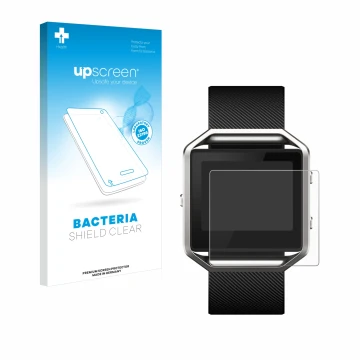 Parte frontal de un envase de producto con el logotipo de la marca upscreen. Al lado se muestra el dispositivo Fitbit Blaze co