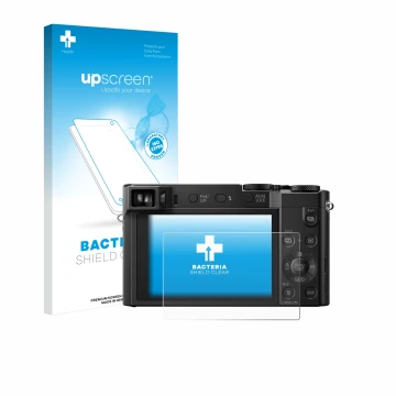 Parte frontal de un envase de producto con el logotipo de la marca upscreen. Al lado se muestra el dispositivo Panasonic Lumix