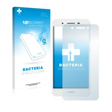 Parte frontal de un envase de producto con el logotipo de la marca upscreen. Al lado se muestra el dispositivo Huawei G8 Mini 