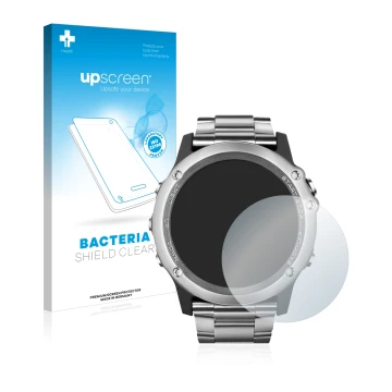Parte frontal de un envase de producto con el logotipo de la marca upscreen. Al lado se muestra el dispositivo Garmin Fenix 3 