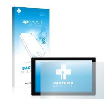 Parte frontal de un envase de producto con el logotipo de la marca upscreen. Al lado se muestra el dispositivo Blaupunkt Endea