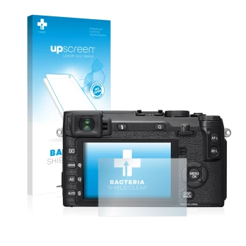 Parte frontal de un envase de producto con el logotipo de la marca upscreen. Al lado se muestra el dispositivo Fujifilm X-E2S 