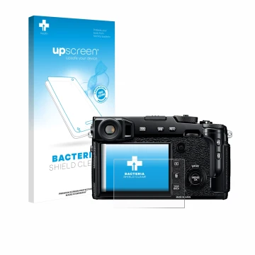 Parte frontal de un envase de producto con el logotipo de la marca upscreen. Al lado se muestra el dispositivo Fujifilm X-Pro2